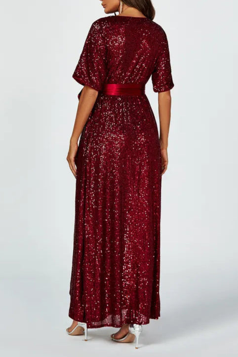 Wrap Style Sequin Maxi Mother Of The Bride Outfits Dress In Wine
