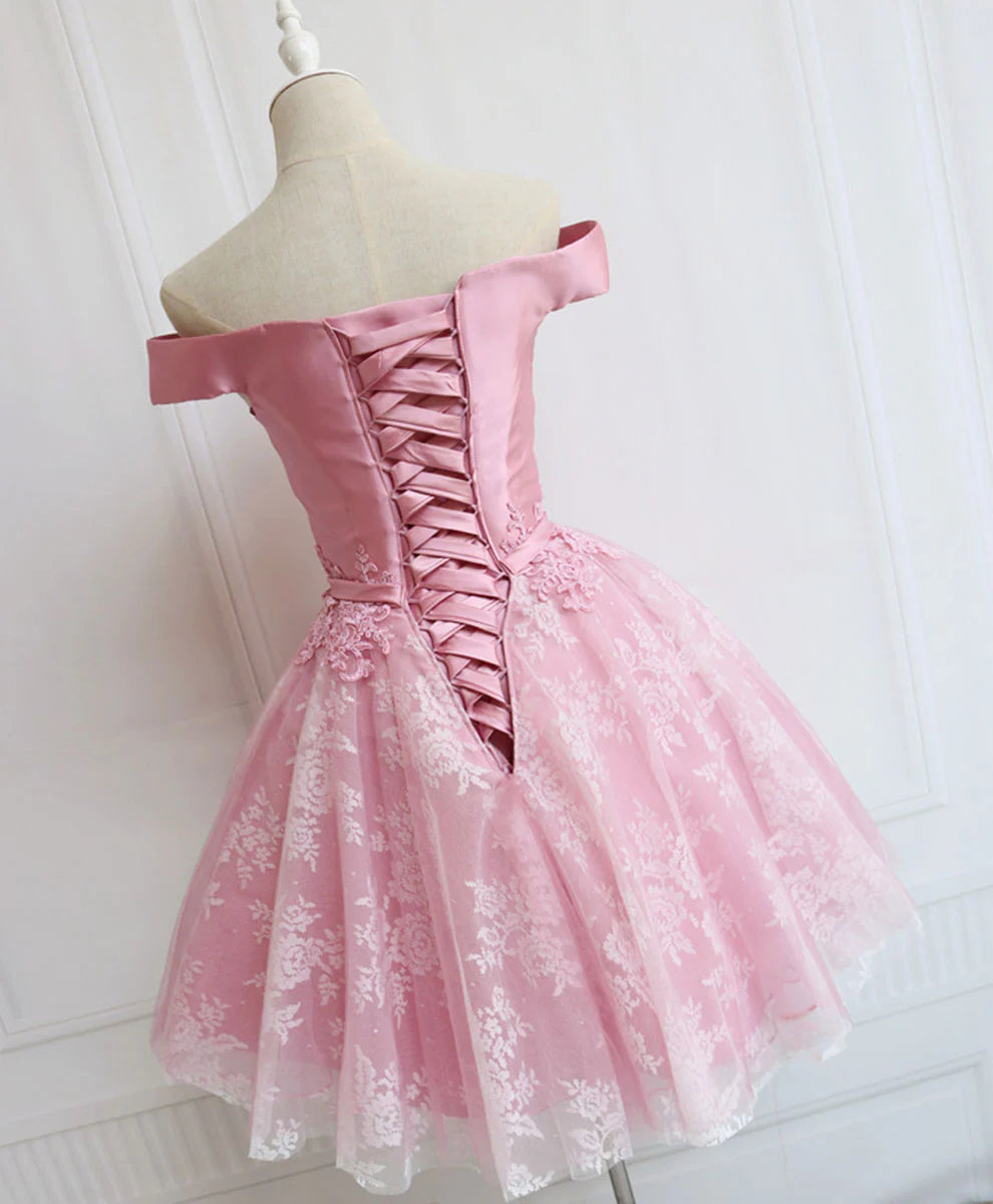 Tulle Of Shoulder Lace Short Pink Prom Dress Unique design Homecoming Dress