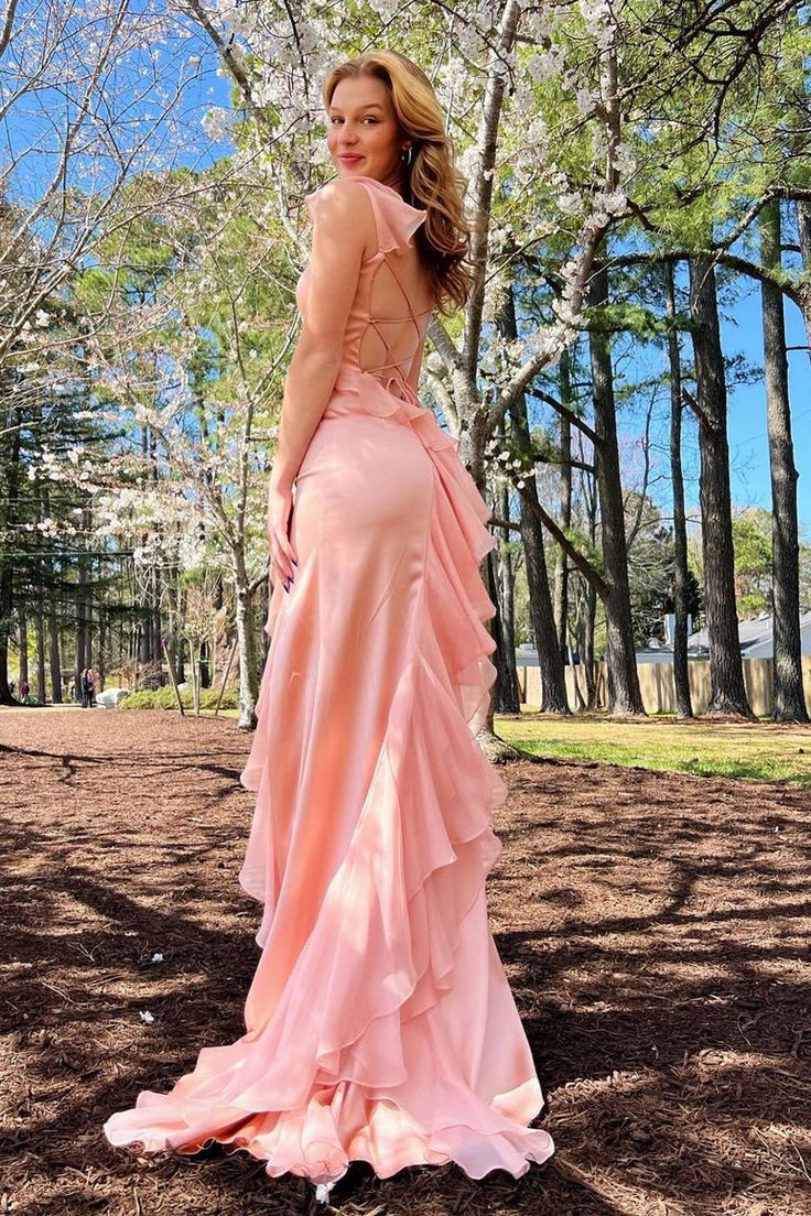 Light Pink Mermaid Straps Ruffle Chiffon Satin Prom Dress Evening Dress with Slit