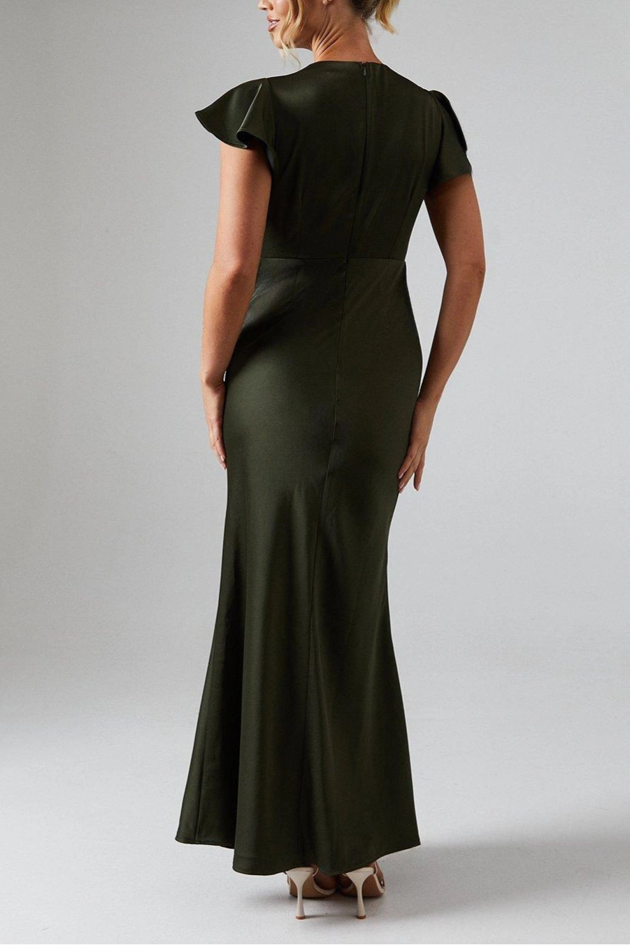 Button Detail V Neck Satin Elegant and gentle Bridesmaids Midaxi Dress