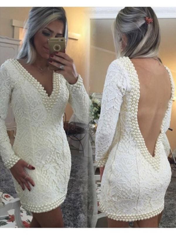 Bridelily A-Line Lace V-neck Long Sleeves Short Homecoming Dresses With Pearls
