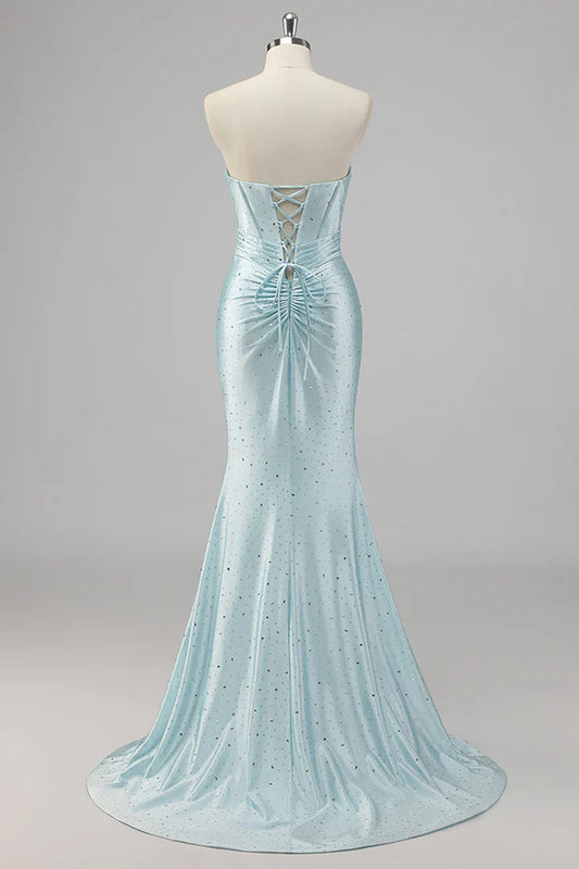 Off Shoulder Strapless Mermaid Beaded Blue Prom Dress with Slit