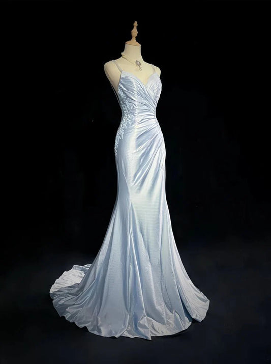 Classy Mermaid Spaghetti Straps Appliques Satin Open Back Long Party Dress