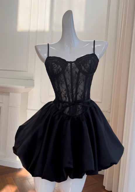 Black A-line Neck Lace Satin Short Prom Dress, Sweetheart Homecoming Dress