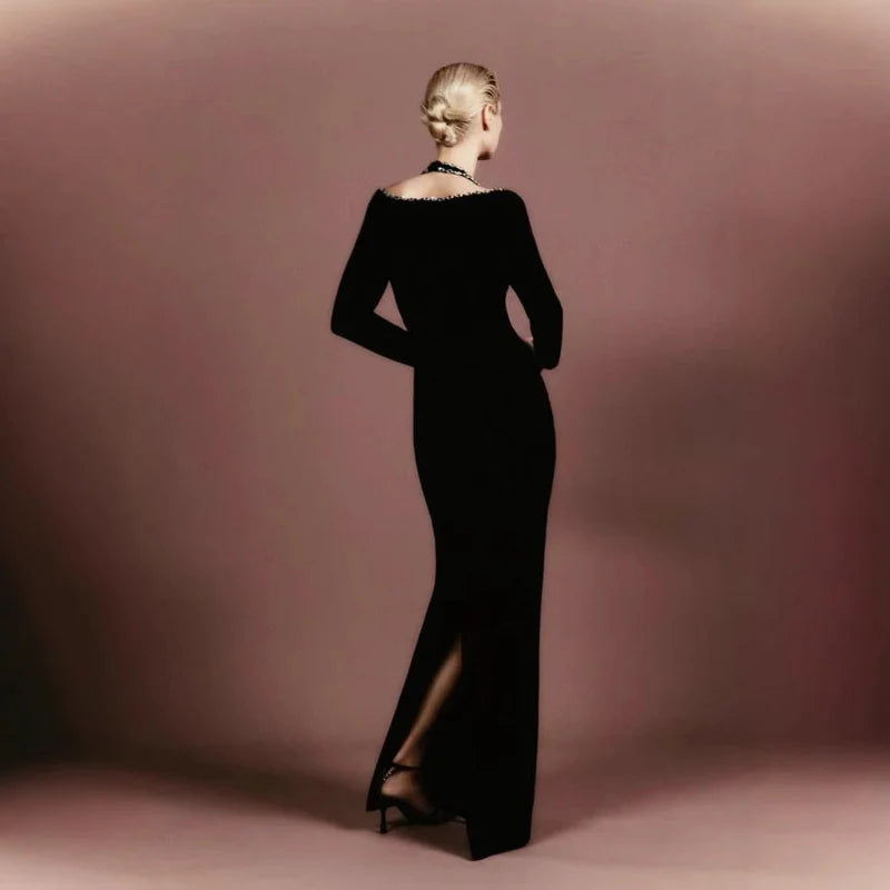 V-Neck Rhinestone Bandage Long Sleeve Fall Prom Dress With Beaded