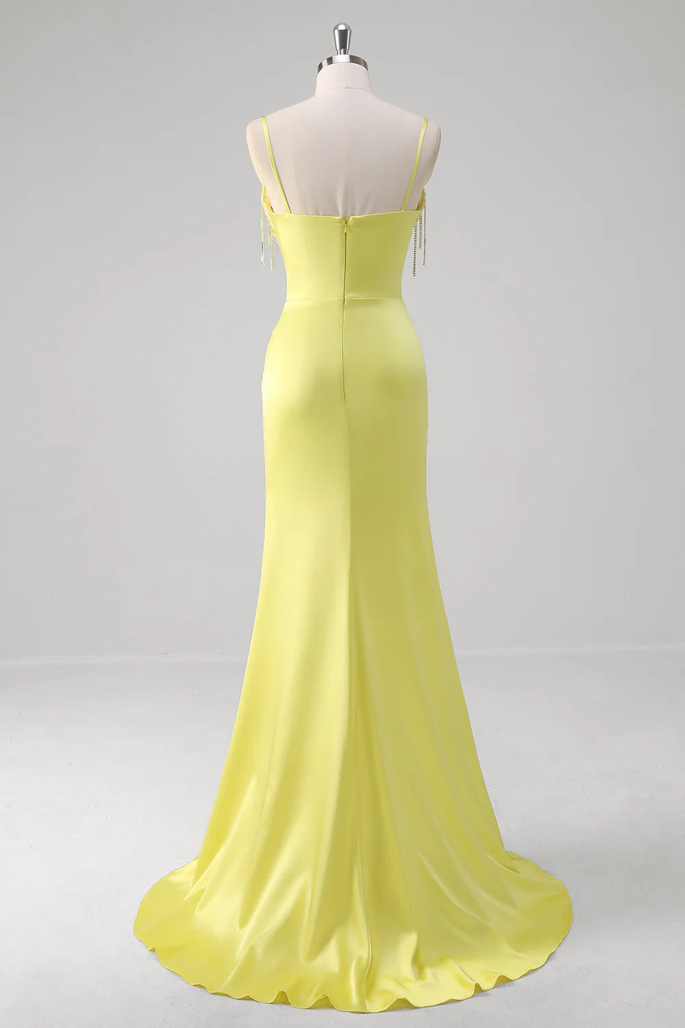 Yellow Spaghetti Straps Mermaid Beaded Applique Long Prom Dress With Slit