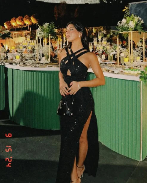 Sexy Sheath Halter Black Sequins Long Prom Dress Evening Dress with Slit