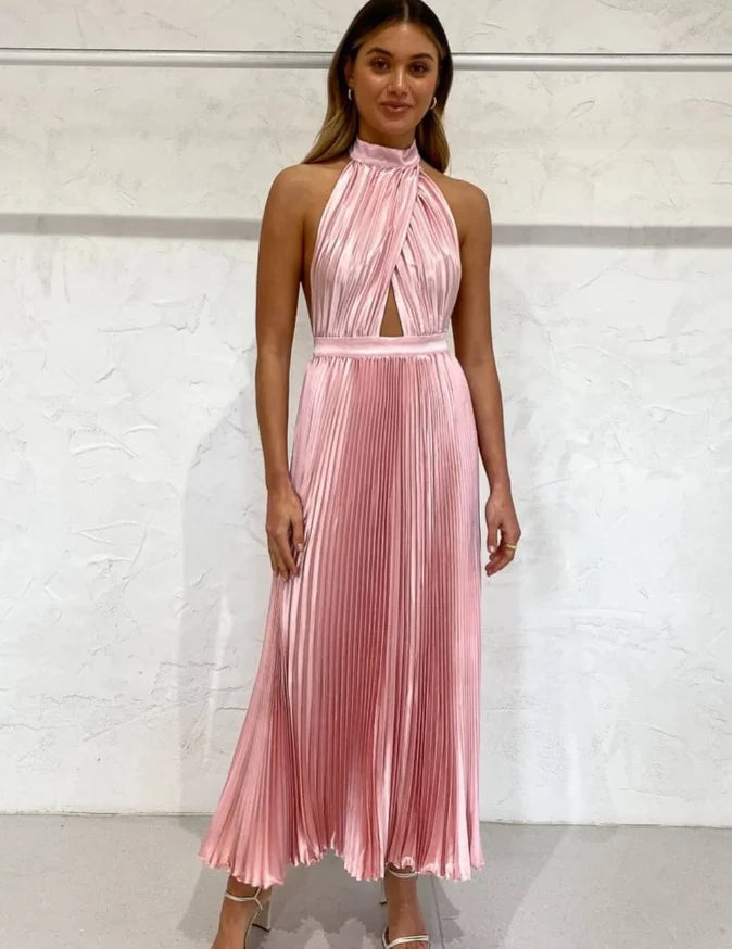 Halter Light Pink Satin Long Prom Dress Elegant A Line Evening Dress