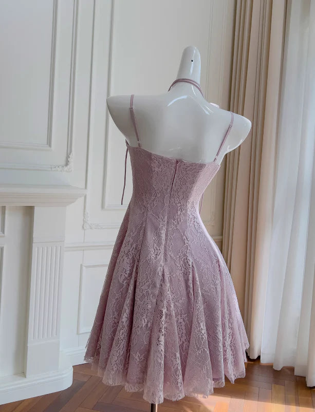 Light purple A-line spaghetti strap lace short prom dress, Unique design homecoming dress