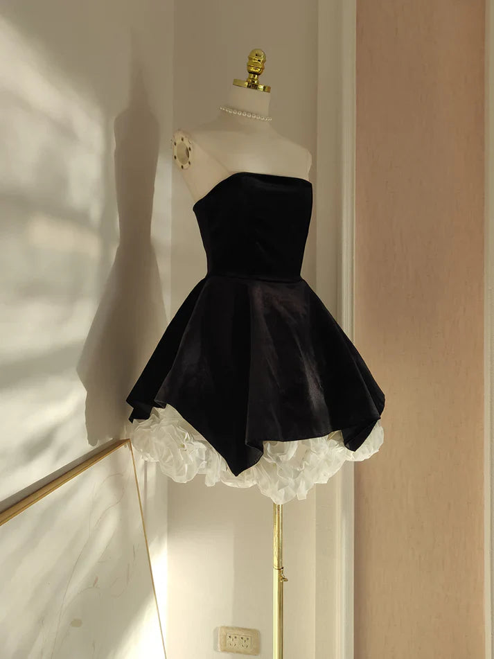 Cute A Line Strapless Velvet Black Holiday Dress Travel Vacation Dresses Short