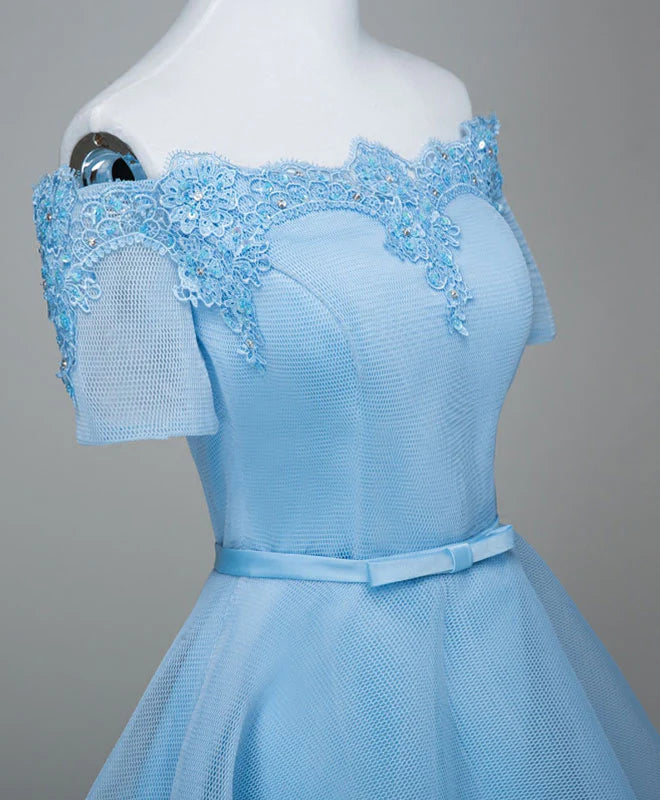 Blue A-Line Tulle Short Sleeve Lace Short Prom Dress, Classic fit Cute Homecoming Dress