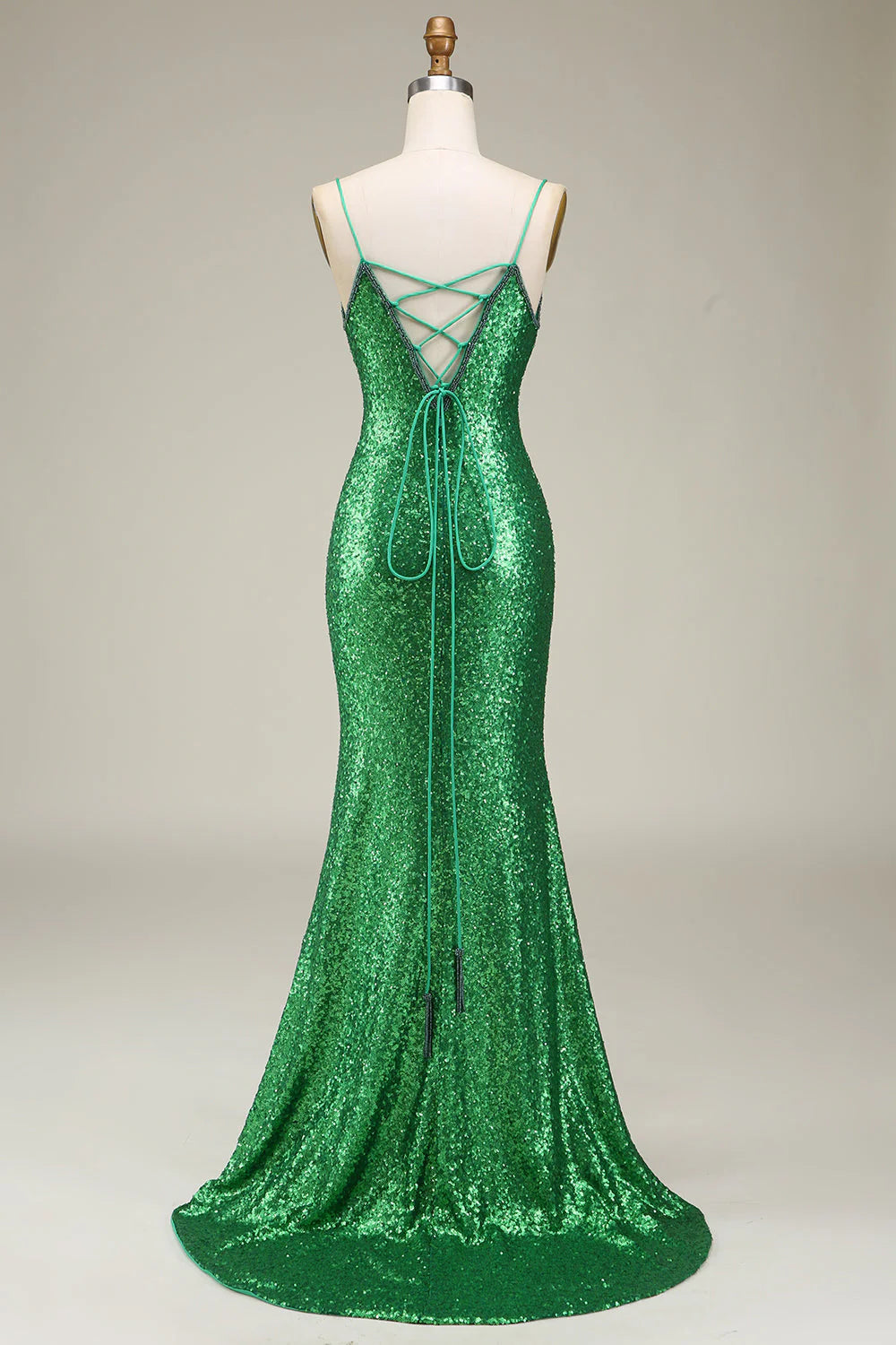 Sparkly Mermaid Spaghetti Straps Green Sequins Long Prom Dress With Split Front