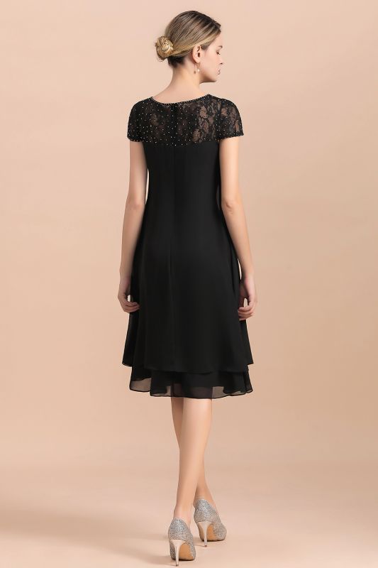 Black Chiffon Mother of Bride Dress Short Wedding Guest Dresses with Beadings Cap Sleeve