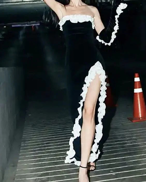 Vintage Strapless Unique design Slim-fit Black Slit Off Shoulder Prom Dresses