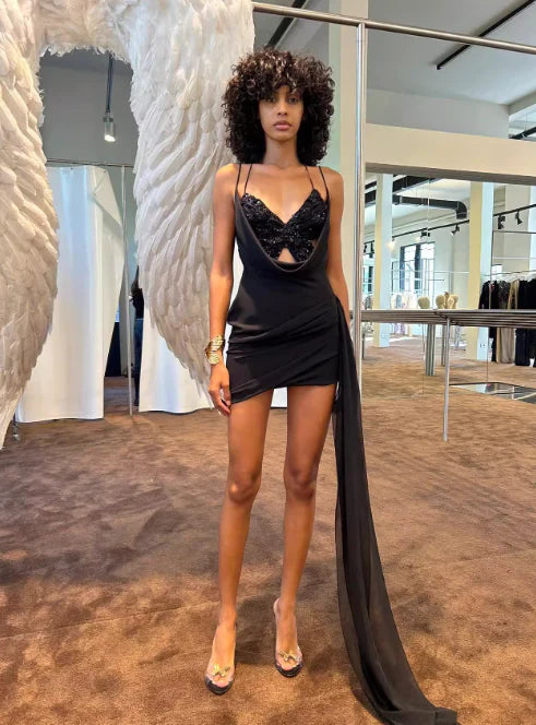 Sexy Sheath Straps Butterfly Sequin Black Chiffon Short Homecoming Dress