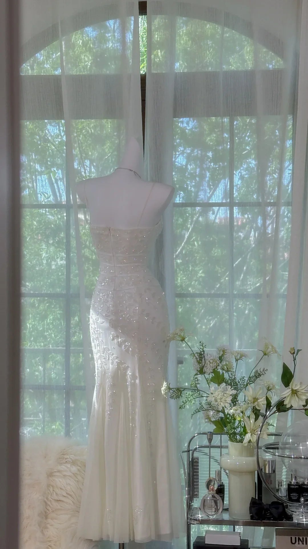 Gentle Mermaid Spaghetti Strap Beaded White Chiffon Long Prom Dress