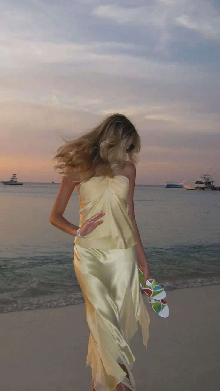 Halter Two Piece Satin Prom Dress Yellow Mermaid Evening Dress