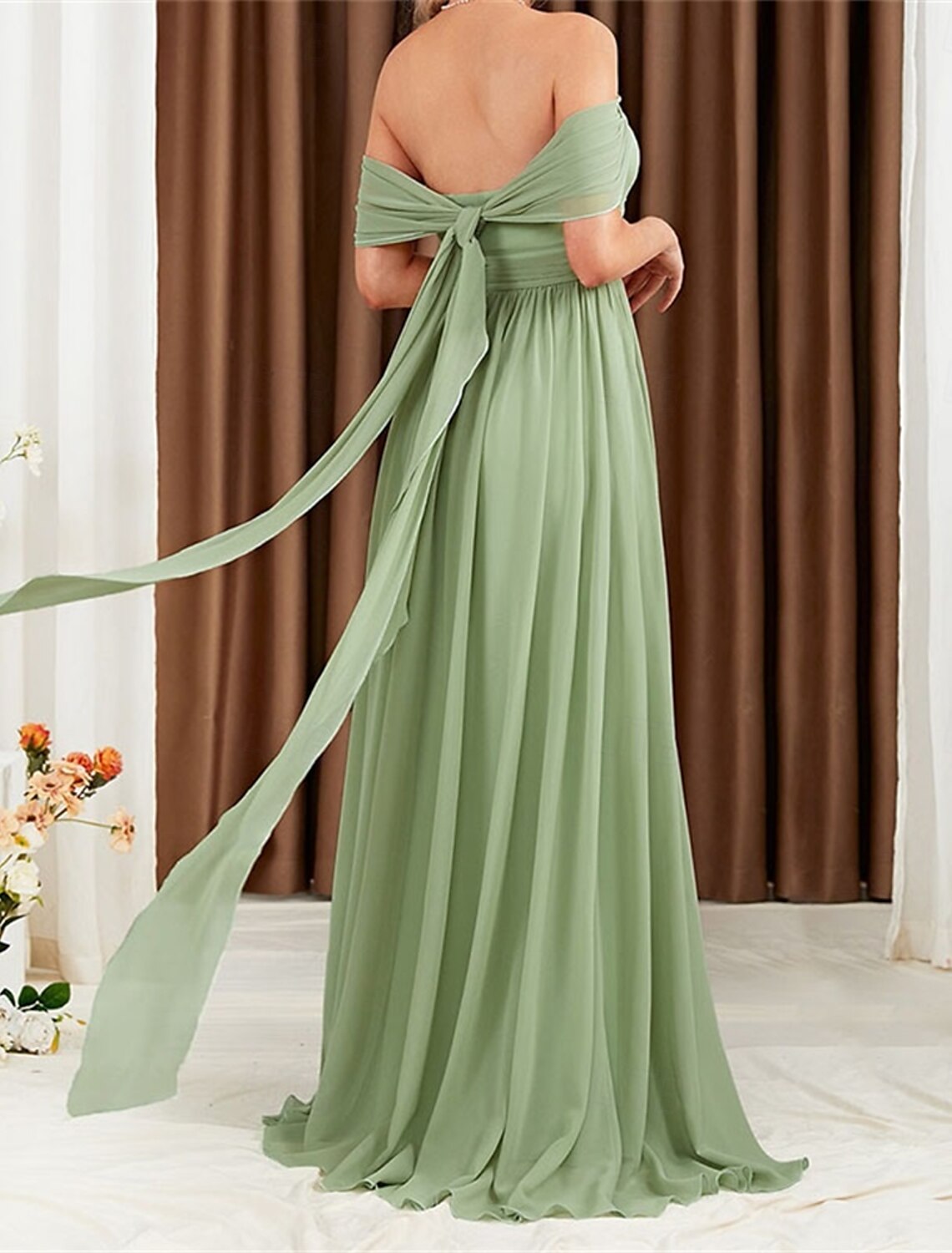 A-Line Sleeveless Elegant Bridesmaid Dress Off Shoulder Floor Length Chiffon with Pleats