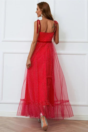 Red Polka Dot Tulle Tie-Strap  Retract Your Waist Long Evening Dress