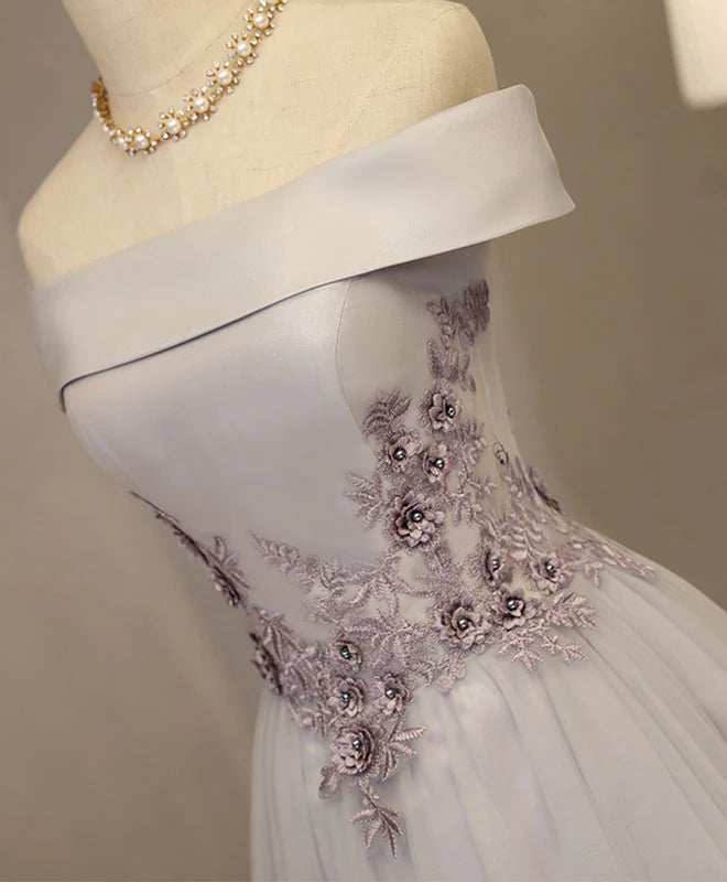 Gray A Line Off Shoulder Tea Length Prom Dress Unique design Lace Homecoming Dress