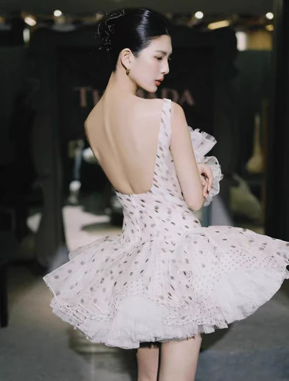 Stunning White Tulle Polka Dot Short Prom Dresses Elegant A-Line Square Neck Party Dresses