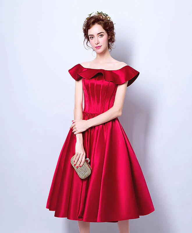 Burgundy Satin Short Prom Dress, Exquisite tailoring Retract Your Waist Evening Dress