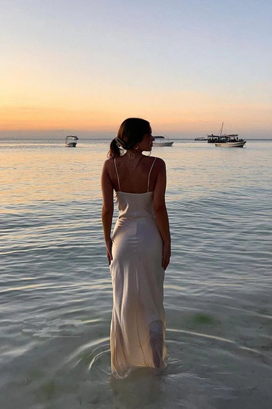 Satin Sleeveless Zipper Spaghetti Strap Prom Gowns