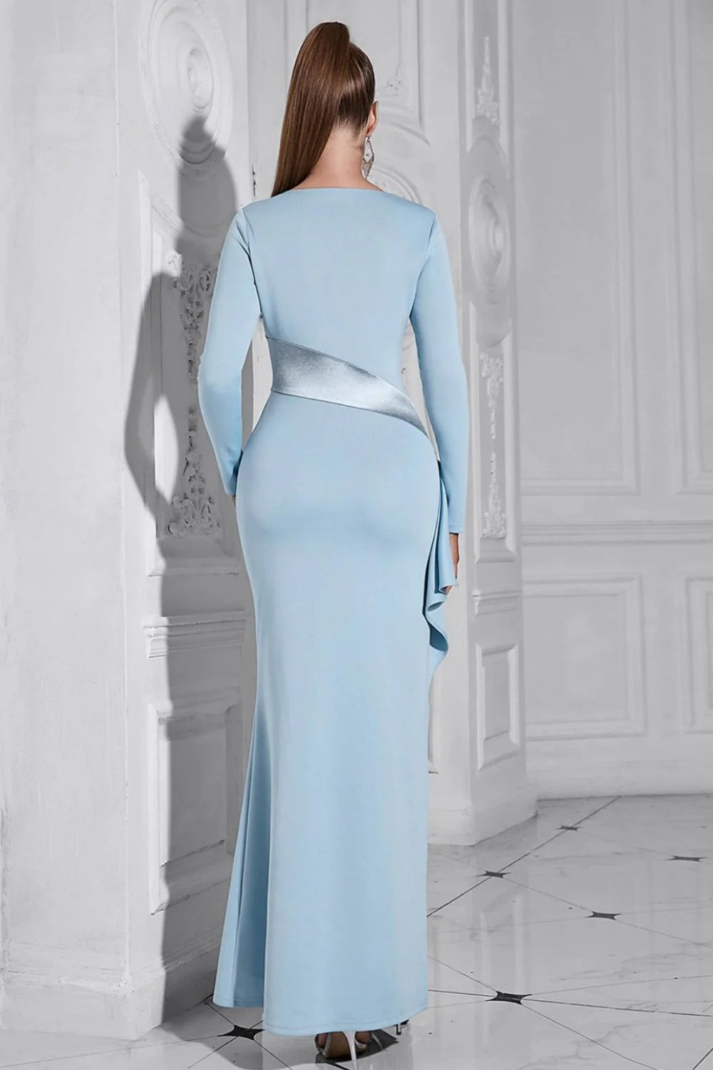 Appropriate color matching Glitter Light Blue Mermaid Long Sleeves Prom Dress With Slit