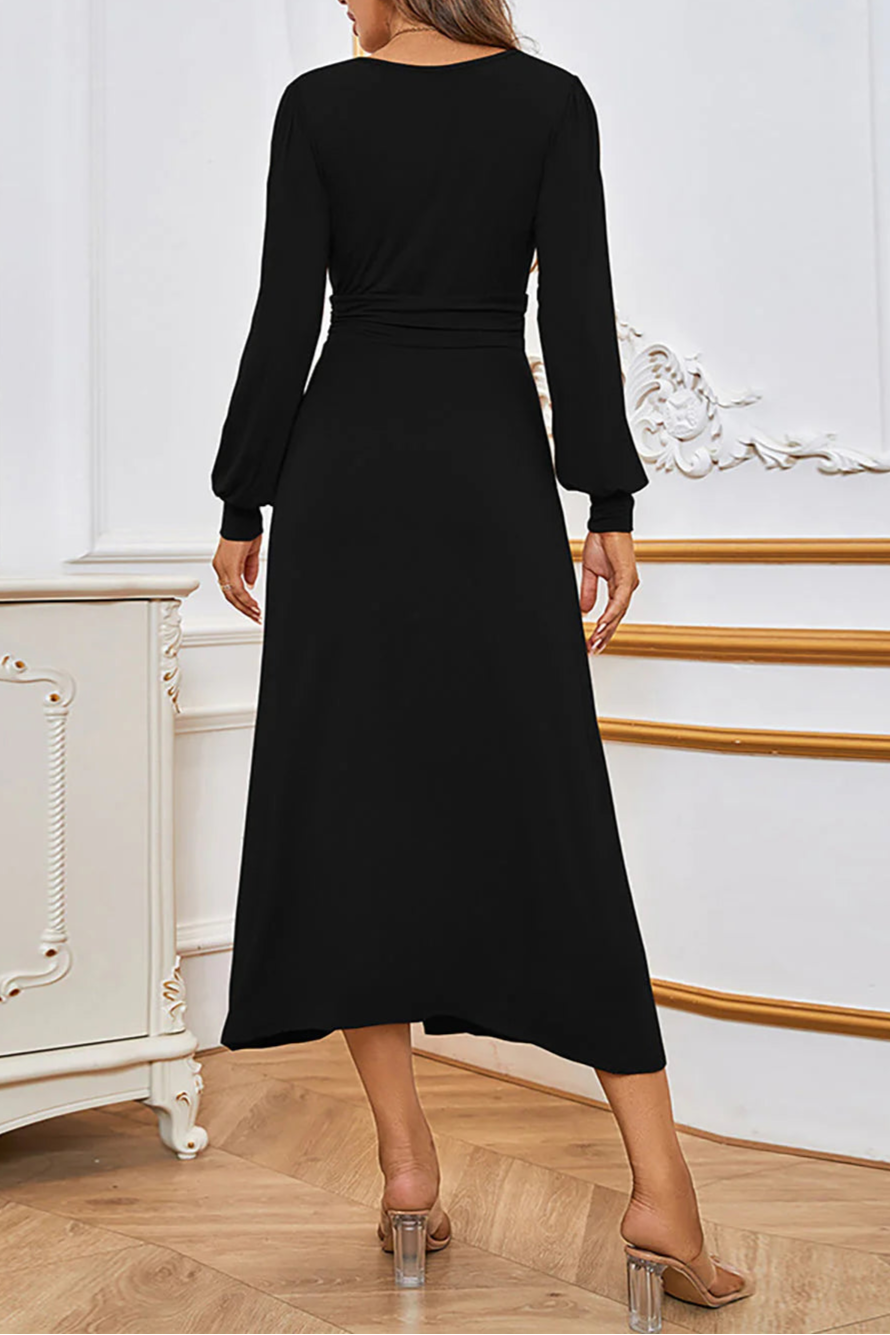 Black Long Sleeves Retract Your Waist Holiday Party Dress With Slit