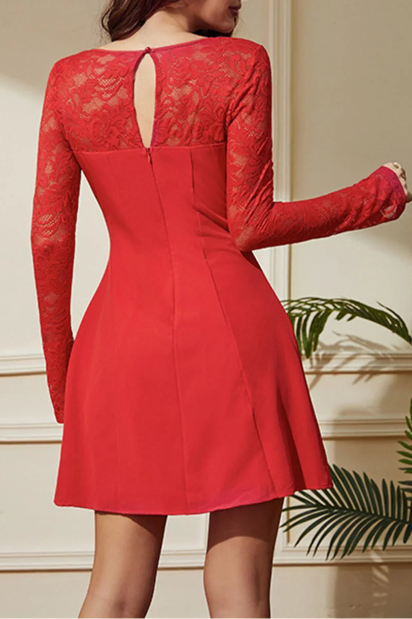 Full of charm Red A-Line Lace Long Unique design Sleeves Short Party Dress