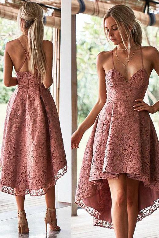 Spaghetti Straps Retract Your Waist Lace Homecoming Gown Chic White Lace High-Low Homecoming Dress