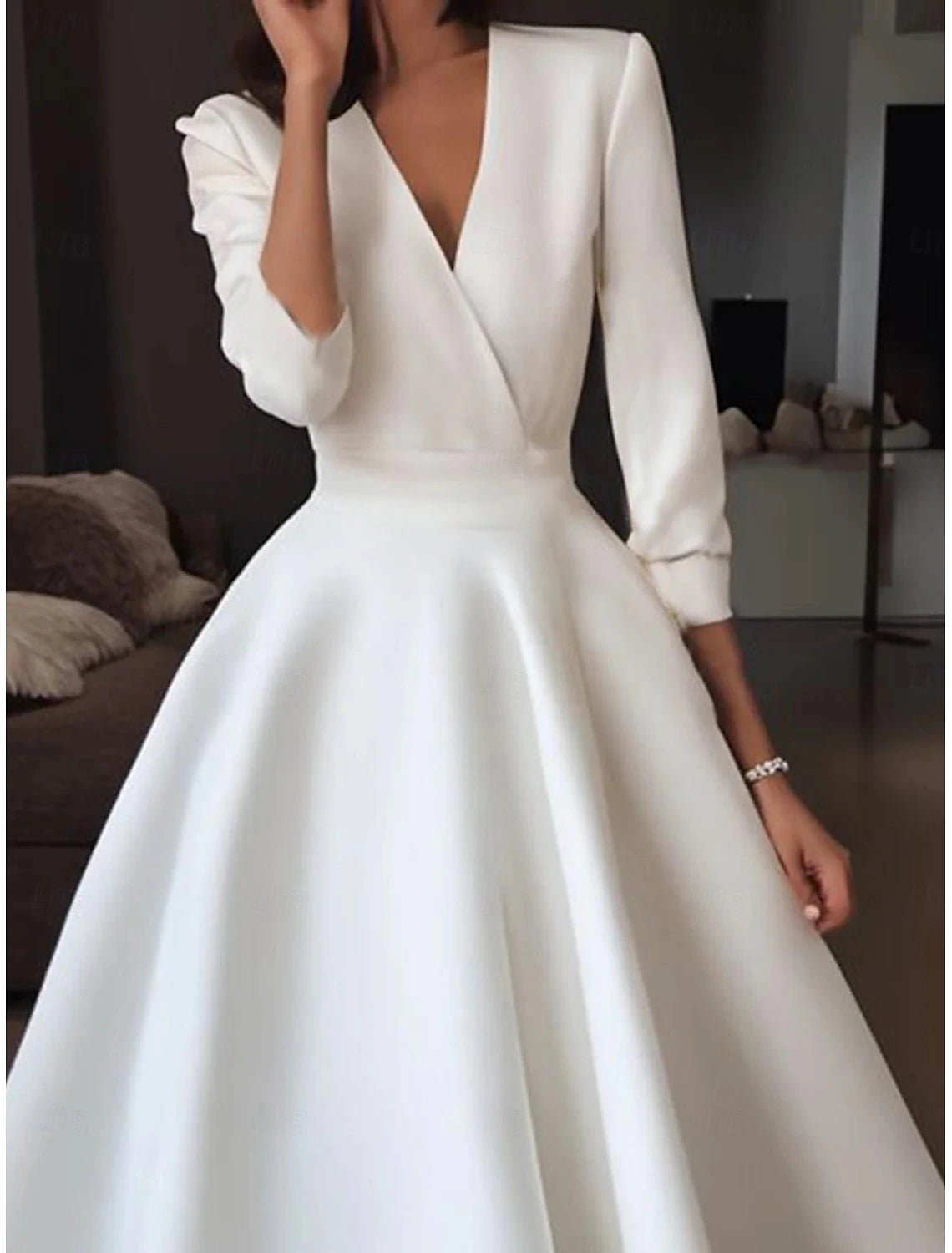 Tea Length Satin Wedding Dresses A-Line V Neck Half Sleeve Bridal Gowns With Draping