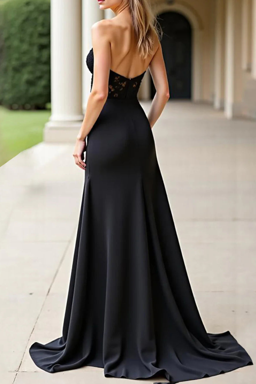 Black Long Lace Strapless Backless Full of charm Prom Dress
