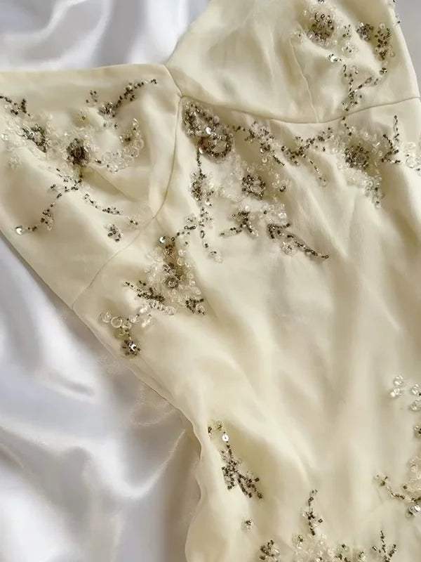 Spaghetti Strap Beaded Ivory Chiffon Party Dress Elegant A Line Evening Dress