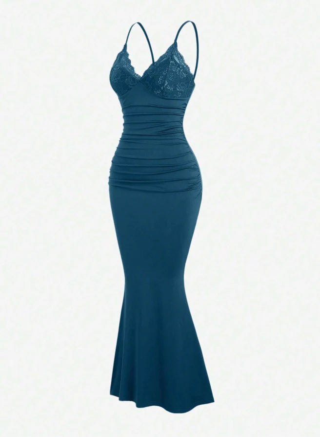 Spaghetti Straps Mermaid Evening Dress Satin Lace Classic Teal Short Party Dress