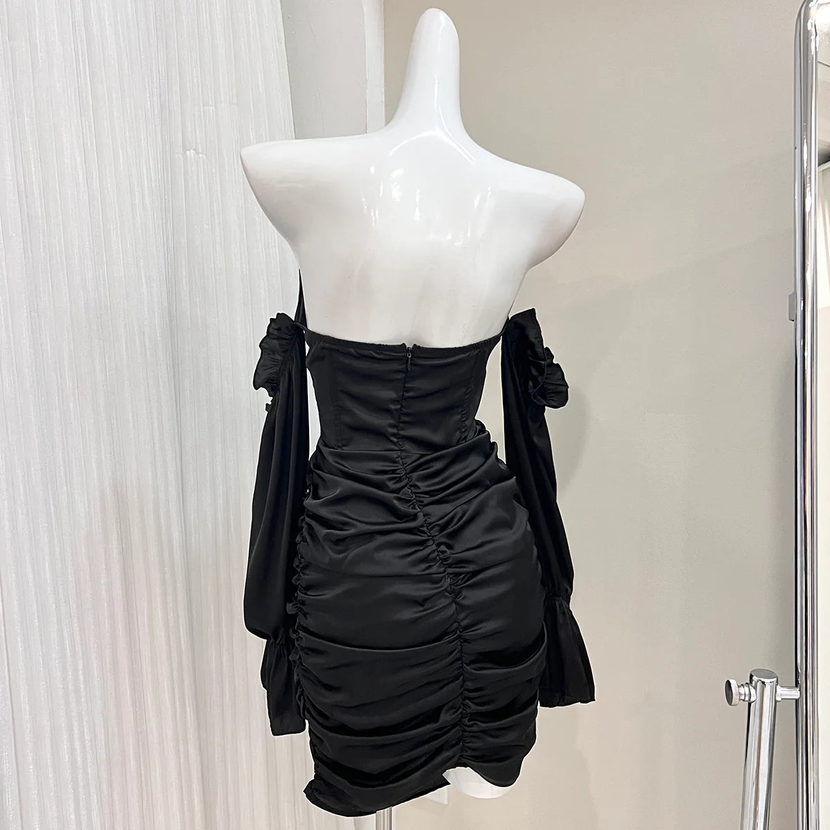 Unique design off shoulder black strapless long sleeve hip dress birthday party dress