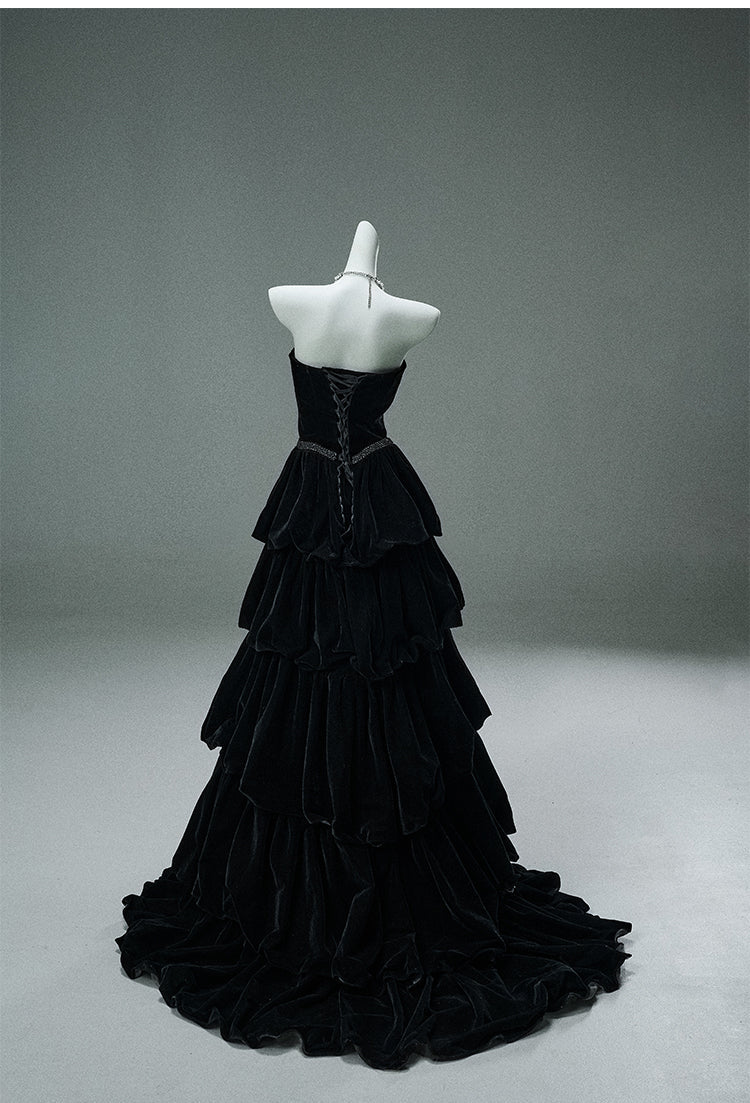 A-Line Velvet Layered Long Prom Dresses Elegant Black Strapless Formal Evening Dresses
