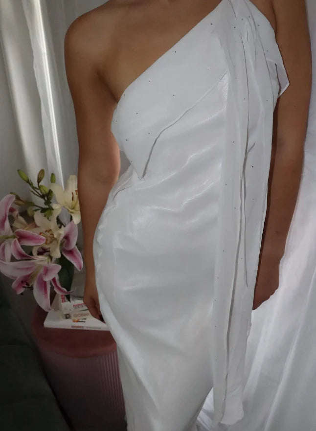 One Shoulder White Chiffon Long Prom Dress Elegant Sheath Evening Dress