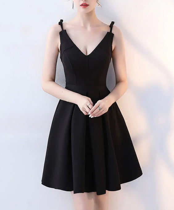 Simple Black V Neck Short Prom Dress,Retract Your Waist Homecoming Dress
