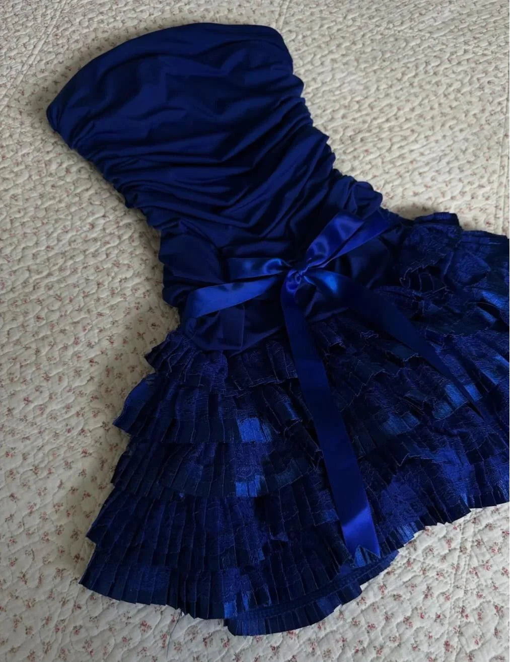 Strapless Chiffon Lace Short Prom Dresses Sweet Vintage Dark Sapphire Homecoming Dresses
