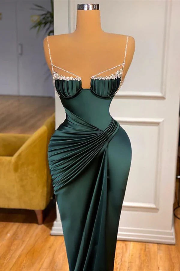 GORGEOUS DARK GREEN SPAGHETTI-STRAPS MERMAID PROM DRESS WITH BEADINGS DRESS