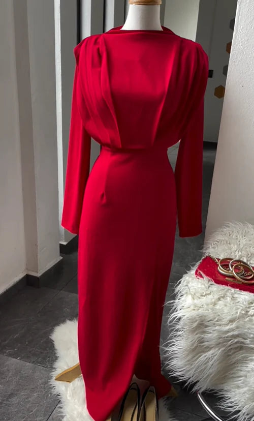 Long Evening Dresses Long Sleeves Split Fork Red Prom Dress