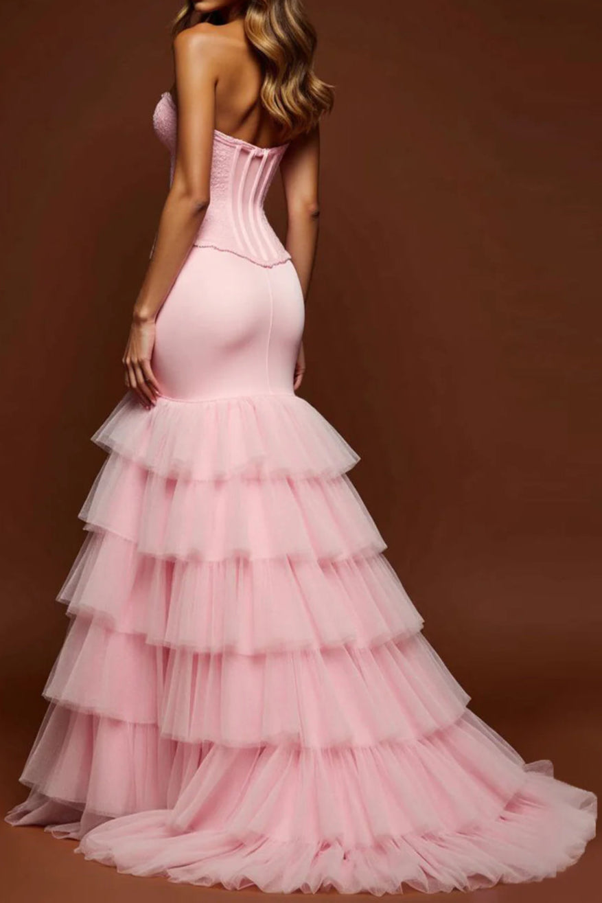 Sweetheart Blush Pink Mermaid Tulle Long Corset Prom Dress With Slit