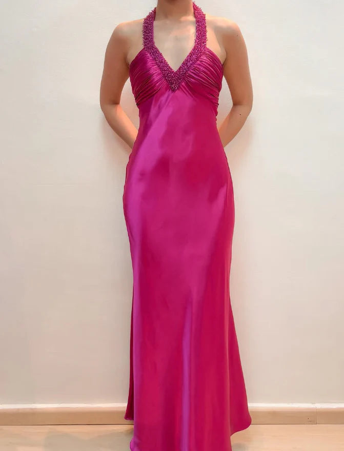 Hot Pink Mermaid V Neck Beaded Satin Open Back Prom Dress