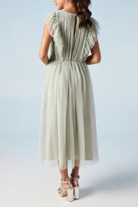 Classic fit Ruffle Shoulder Mesh Retract Your Waist Bridesmaid Midi Dress