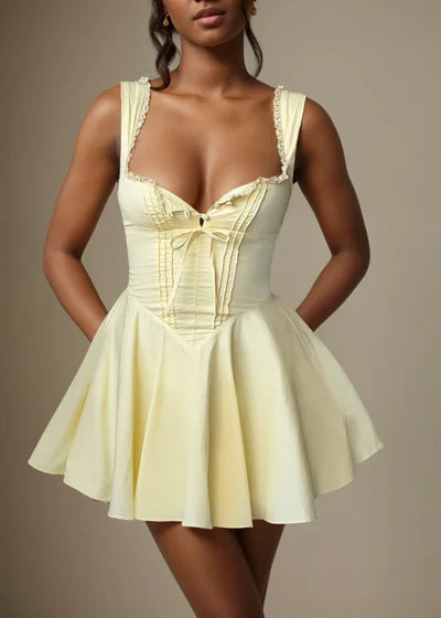 A-Line Spaghetti Straps Satin Short Birthday Party Dress Fashion Butter Yellow Homecoming Dress