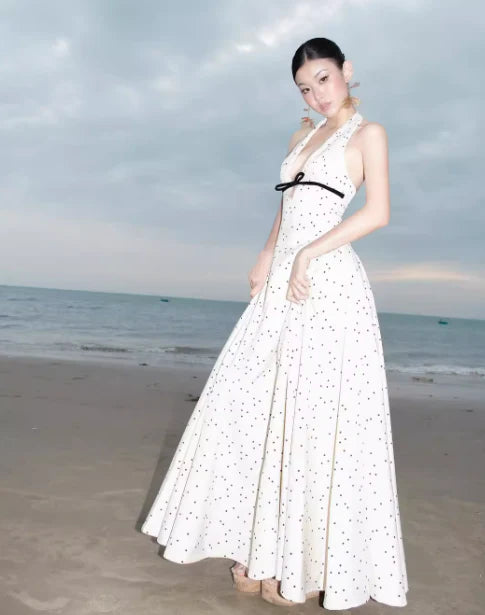 Retro A Line Halter Polka Dot Satin Open Back Prom Dress