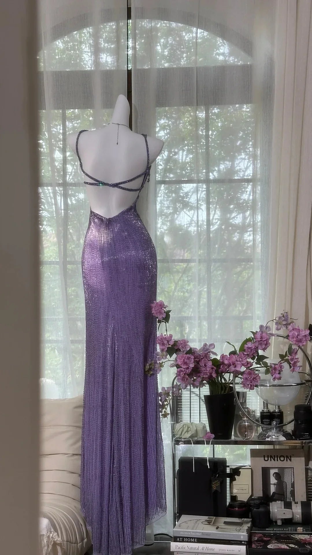 Stunning Sheath Spaghetti Strap Beaded Purple Chiffon Long Prom Dress