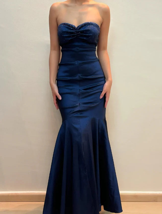 Vintage Mermaid Sweetheart Neck Beaded Navy Blue Satin Prom Dress
