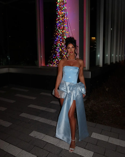 Strapless Bodycon Satin Short Party Dresses Glam Blue Homecoming Dress with Bow